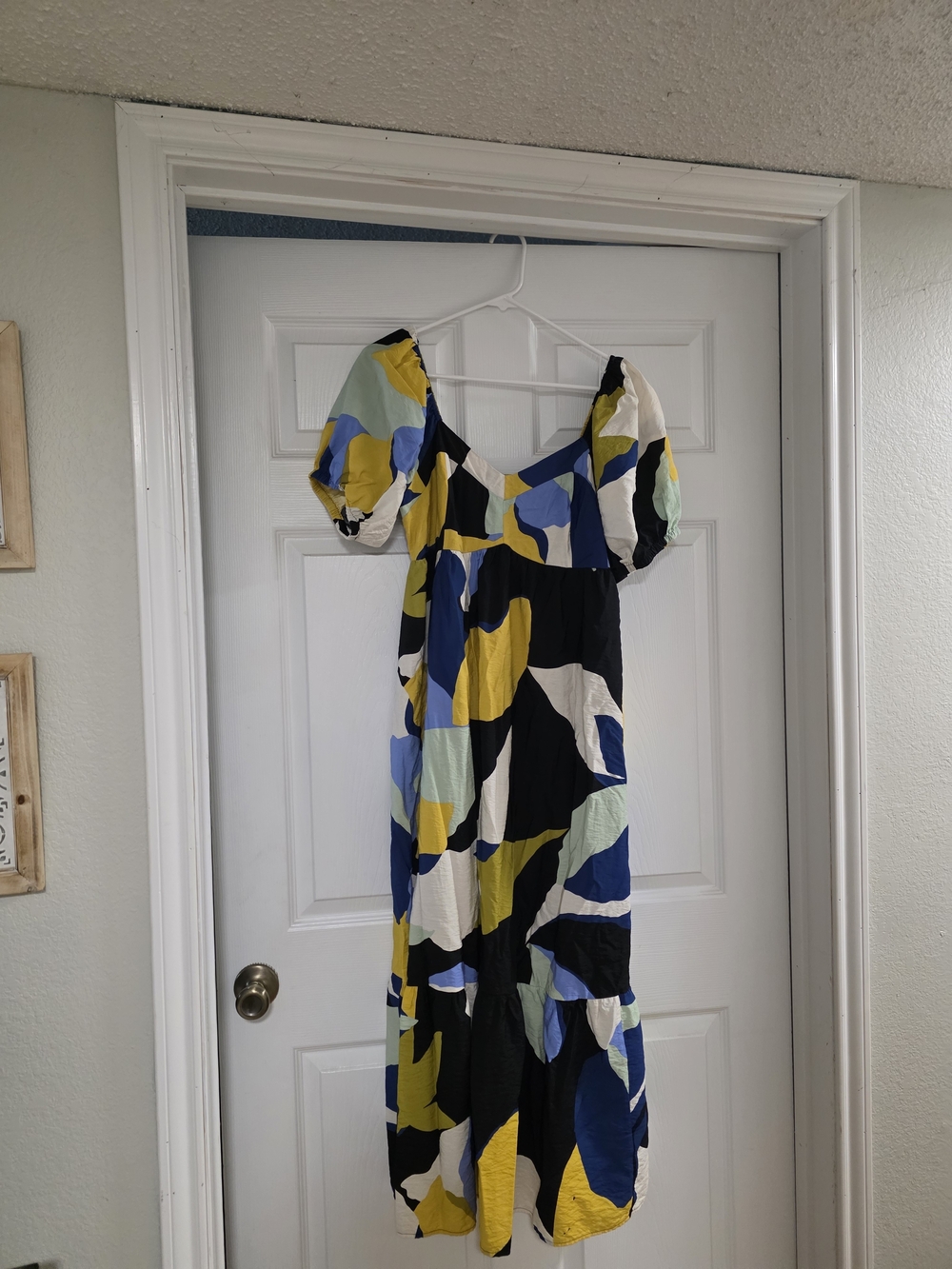 Nine West Colorblock Puff Sleeve Maxi Dress in Black, Blue, Yellow & White